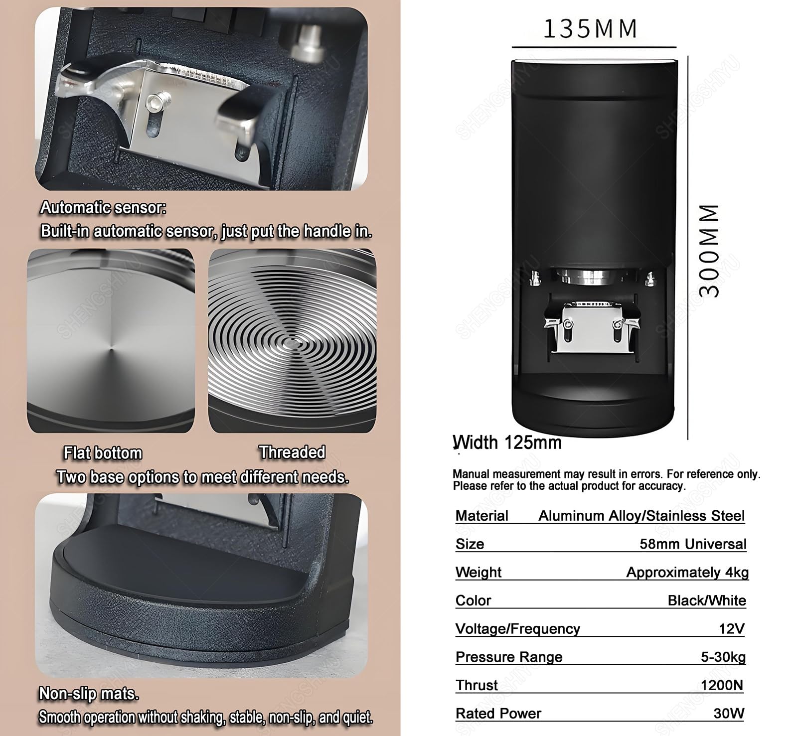 Tamper do Kawy,Ekran Dotykowy,Pasuje do Różnych Uchwytów & Kawy Mielonej,Regulacja Ciśnienia 5-30kg,1-3 Ustawienia Docisku,Ubijak do Kawy 58mm,Regulowana Wysokość Podstawy Black