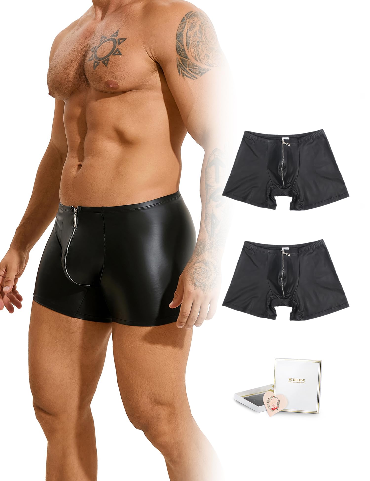 ohyeahlady Boxershorts für Herren mit Reißverschluss Unterwäsche Große Größen Dessous Reizwäsche Hole Elastizität Unterhosen Gummi Shorts Zip Boxer Briefs 2er Pack Schwarz XL