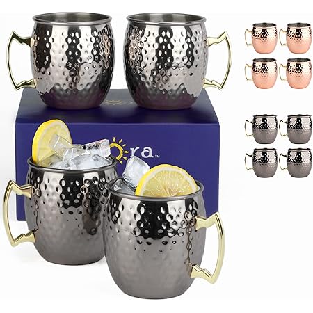 Arora Moscow Mule Mug, Set of 4 Black Hammered, Durable for Home Dining, Max Capacity 20oz, 3.7" D x 3.9" H (6014506)