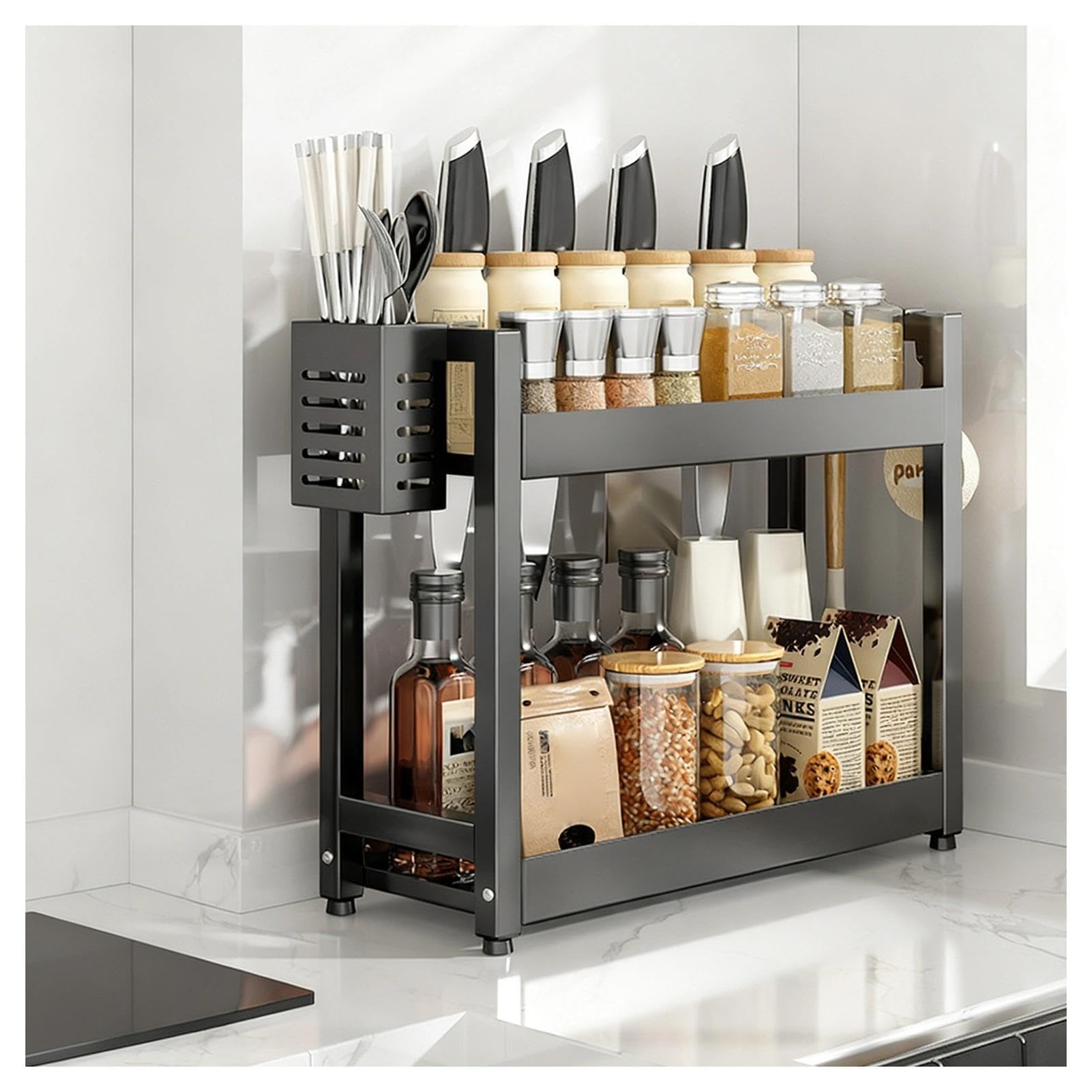 WYQXTY Wall Mount Kitchen Spice Utensil Rack Kitchen Countertop Spice Rack With Hooks & Utensil Holder, Multicolor, Multiple Sizes(Black,2 Tier-50cm)