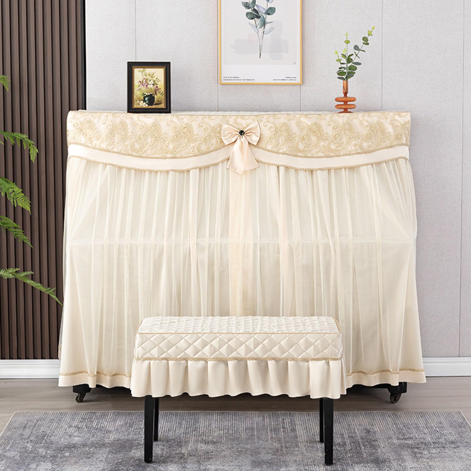 Piano Dust Cover Cloth With Stool Embroidery Lace Thickened Quilting Universal Upright Protective Full For Piano/b/double (b Single Stool)