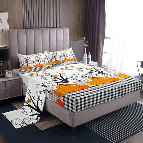 Miniatura 1 de Juego de sábanas de cosecha de calabaza de otoño, tamaño Queen, decoración de habitación de niños y adultos, ropa de cama de cuadros blancos y