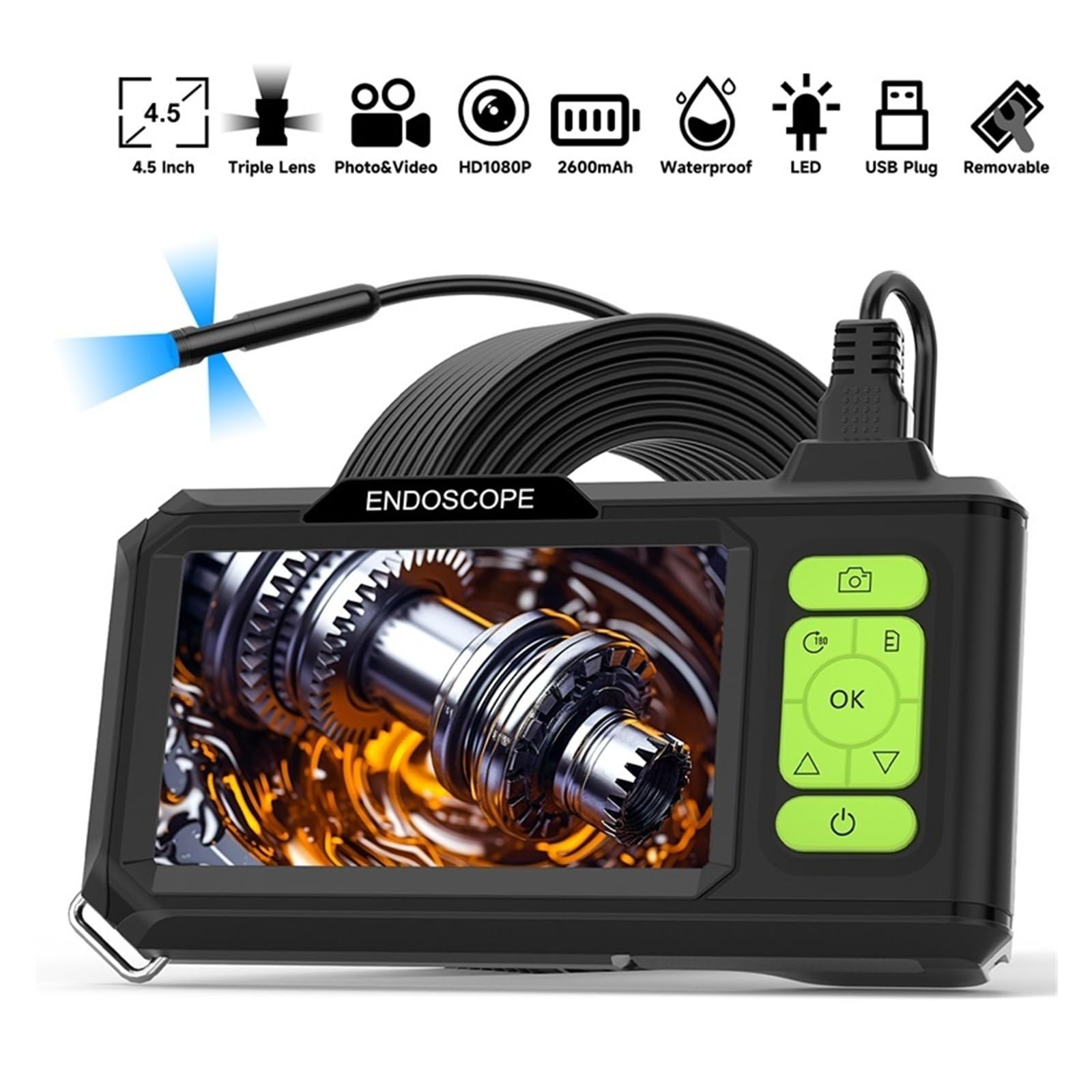 Periscopio, Endoscopio industriale con schermo IPS da 4,3 pollici HD1080P Registra video Boriscopio for ispezione auto Cavo 5 metri(5.5MM Dual)