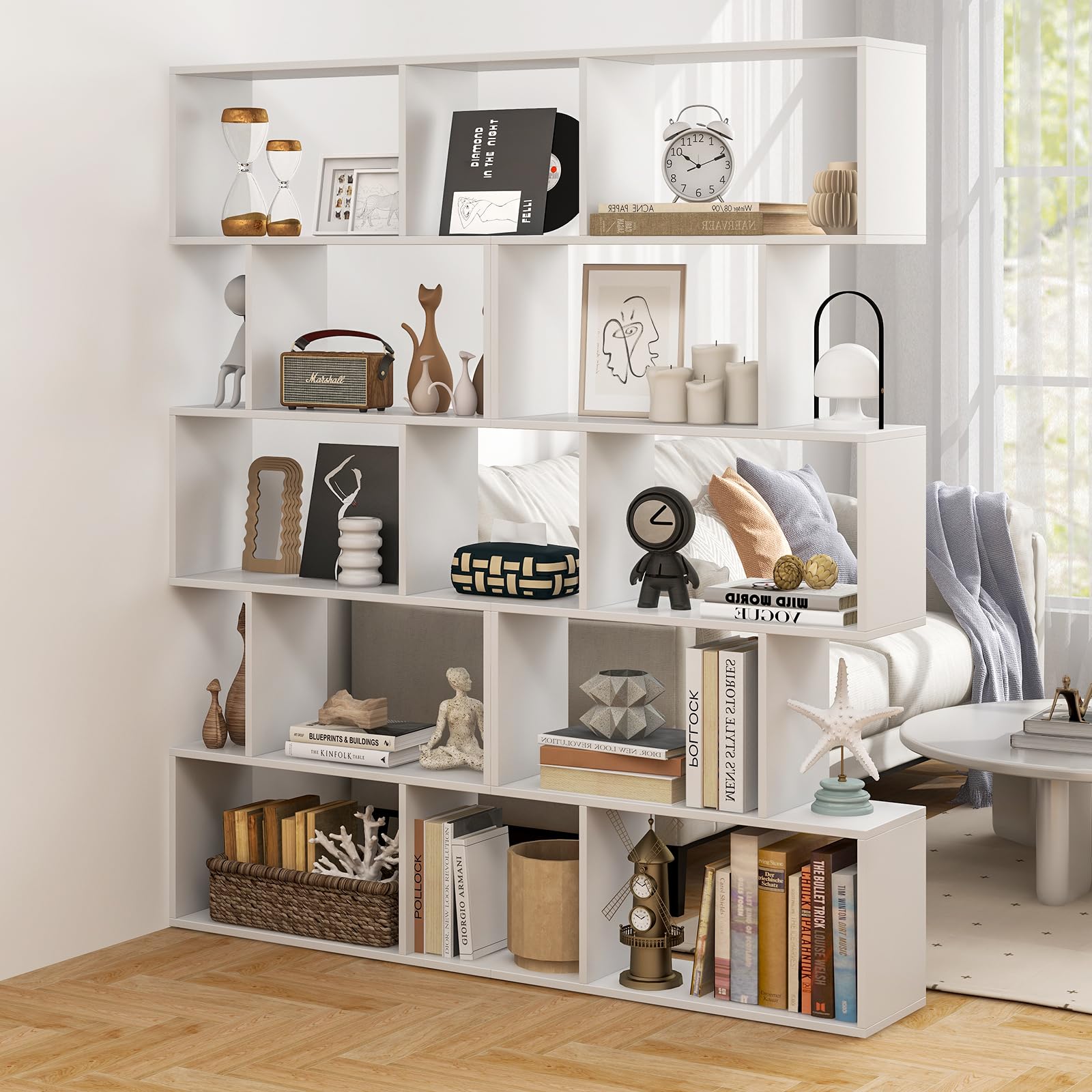 COSTWAY Bibliothèque en Forme de S, Étagère à 5 Niveaux, Meuble de Rangement avec Anti-basculement, 70 x 23,5 x 158 cm, pour Salon, Chambre, Bureau, Blanc