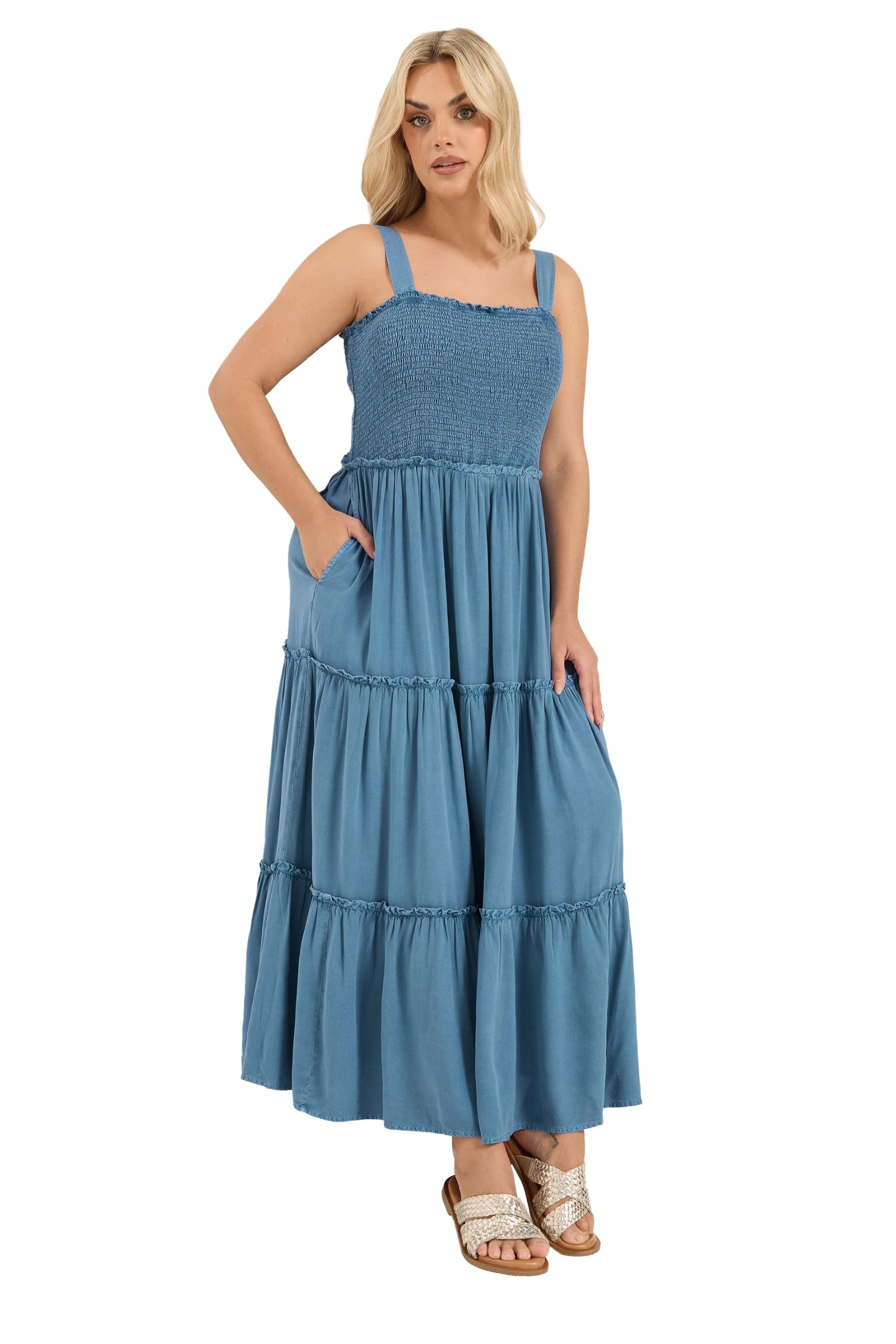 Yours Curve Shirred Strappy Chambray Maxi Dress - Women's - Plus Size Curve Blue