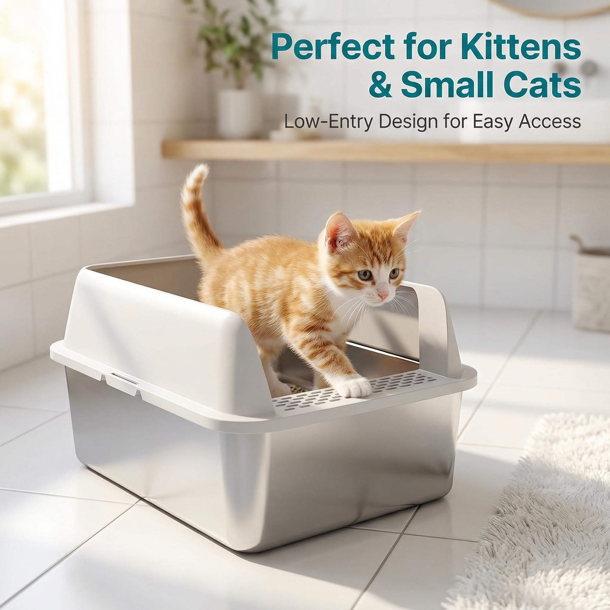 2PK Stainless Steel Litter Box with Lid, High Sided Sifting Litter Boxes for Pine Pellets, 17.3"x13.4"x10.5" Enclosed Metal Litter Box for Small Cats & Multi‑Cat Homes, Anti-Leakage, Easy Cleaning - image 7