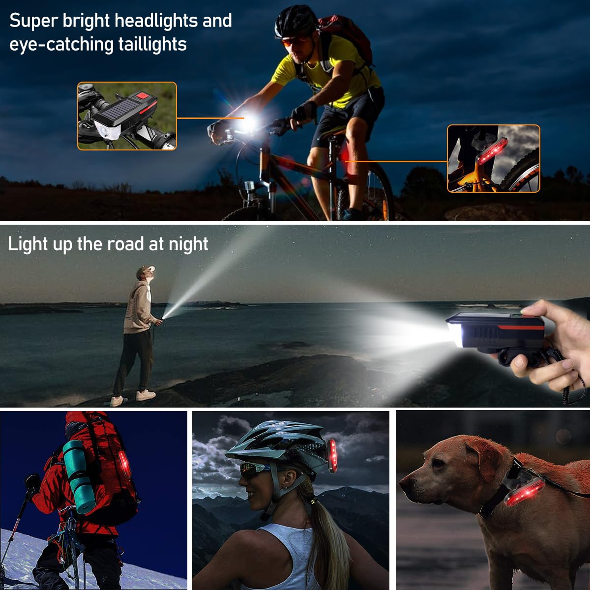 LEDHOLYT Luci solari ricaricabili della bici, luci ultra luminose della bicicletta di notte