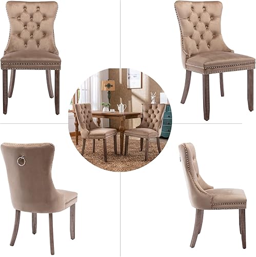 Miniatura 7 de Juego de 2 sillas de comedor tapizadas, sillas de comedor de terciopelo con ribete de anillo trasero y patas de madera maciza, sillas de cocina con