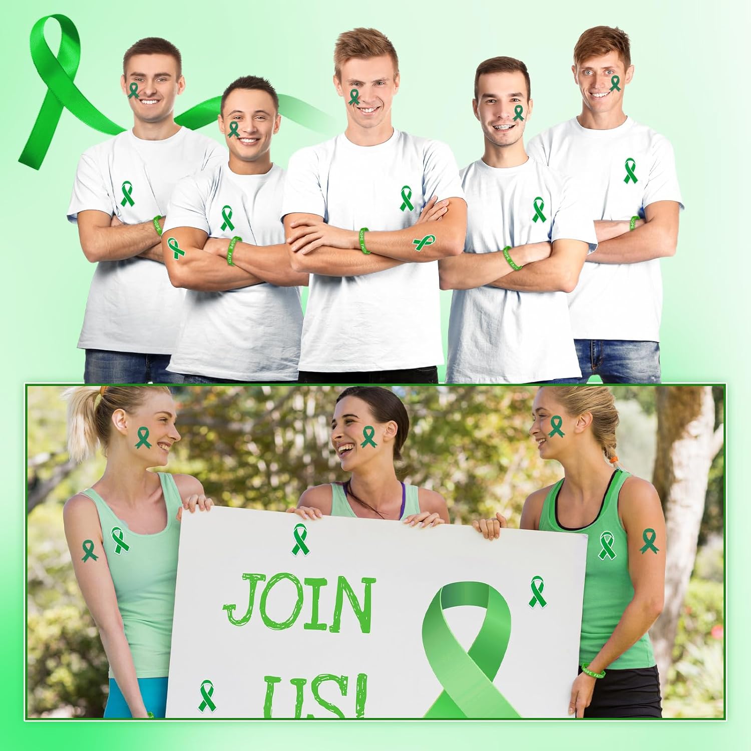 Wonderjune Mental Health Awareness Green Items Bulk Ribbon Stickers Stress Football Folding Fan Tattoo Sticker Silicone Bracelet for Charity Events Gifts Supplies