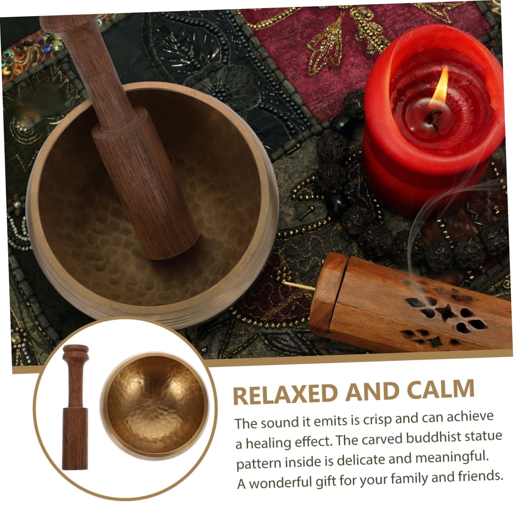 Ciotola Tibetana in Metallo per Meditazione Bacchetta in Legno, Strumento Musicale per Relax e Yoga, Diametro 9,5cm, Set