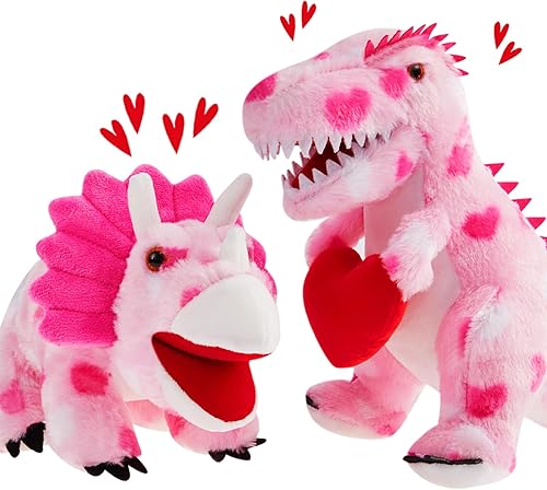 Miniatura 7 de DEEKIN 2 piezas de animales de peluche para el día de San Valentín, dinosaurio de peluche con corazón Kawaii rosa, dinosaurios de peluche para niños