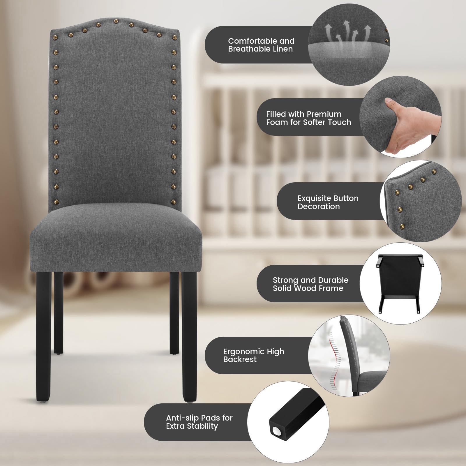 WOLTU Juego de 6 Sillas de Comedor,Lino, Gris Oscuro | Moderna,Vintage,con Remaches,con Respaldo Asiento