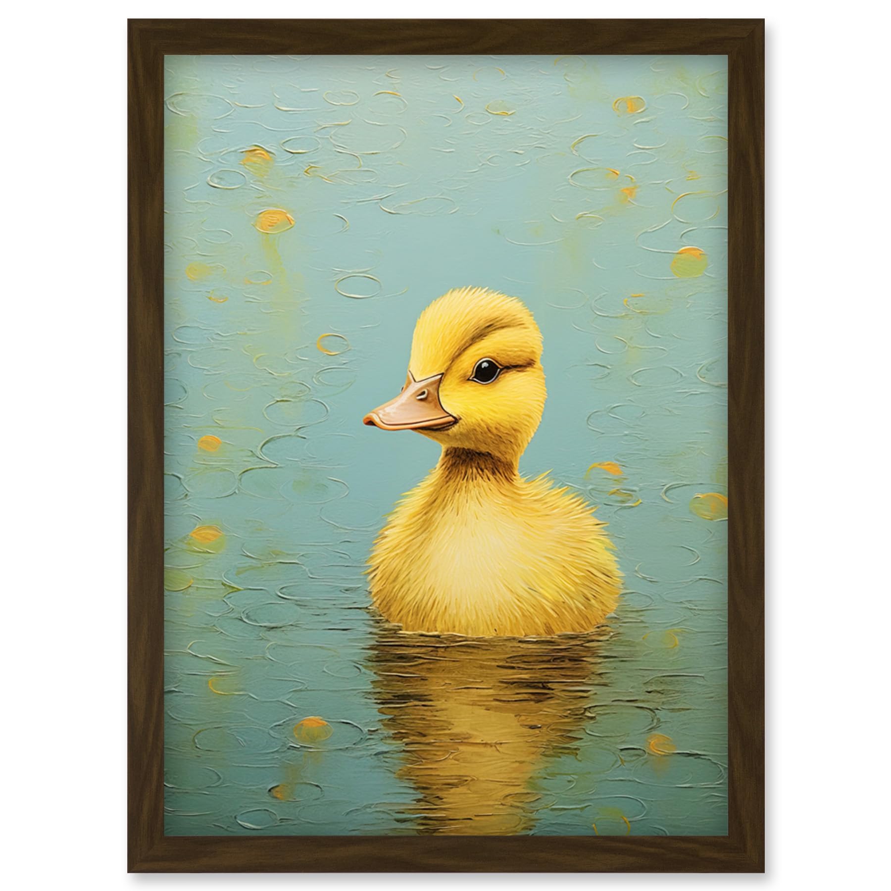 Artery8 Duckling on the Water Oil Painting Yellow and Duck Egg Blue Baby Artwork Framed Wall Art Print A4