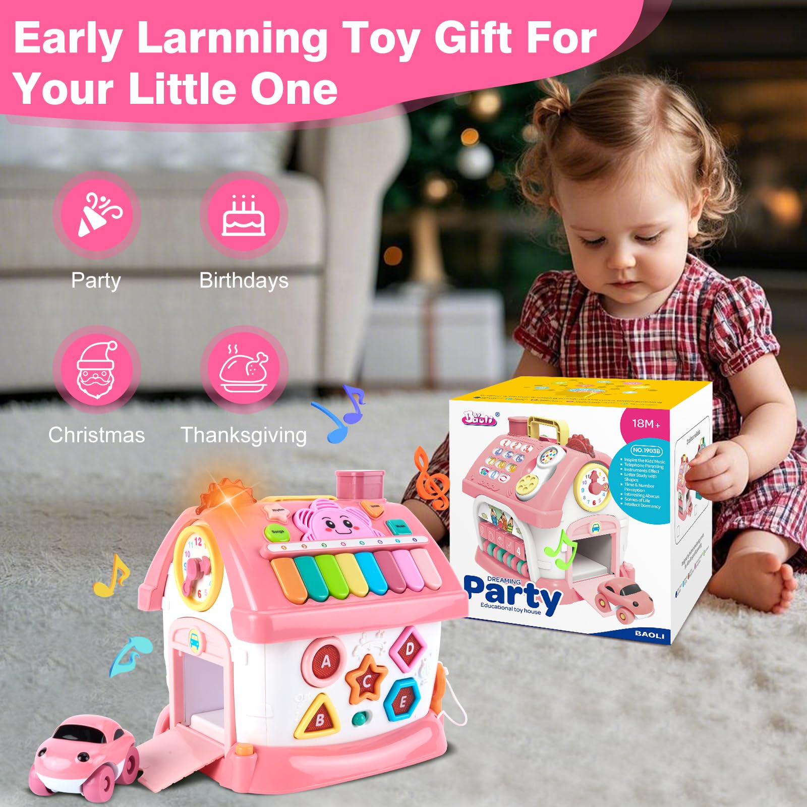 Juguetes Montessori para niñas de 1 año, regalo de cumpleaños para niña de 1 año, casa de aprendizaje musical rosa 8 en 1 con música ligera y sonora, regalos creativos para bebés de 12 a 18 7