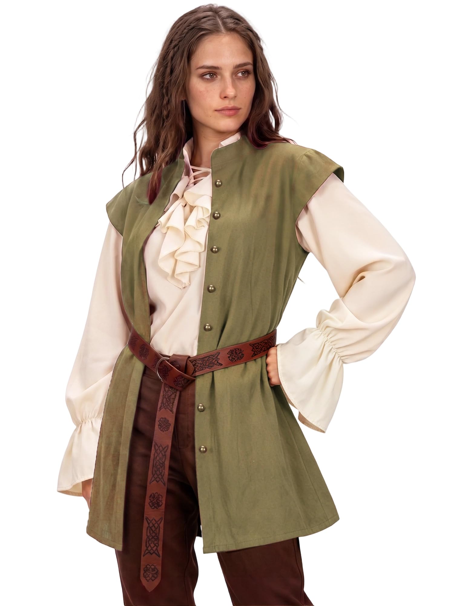Ibeauti Women's Medieval Pirate Vest with Belt, Renaissance Sleeveless Waistcoat Tunic for Halloween LARP Cosplay Costume, Green, M-L