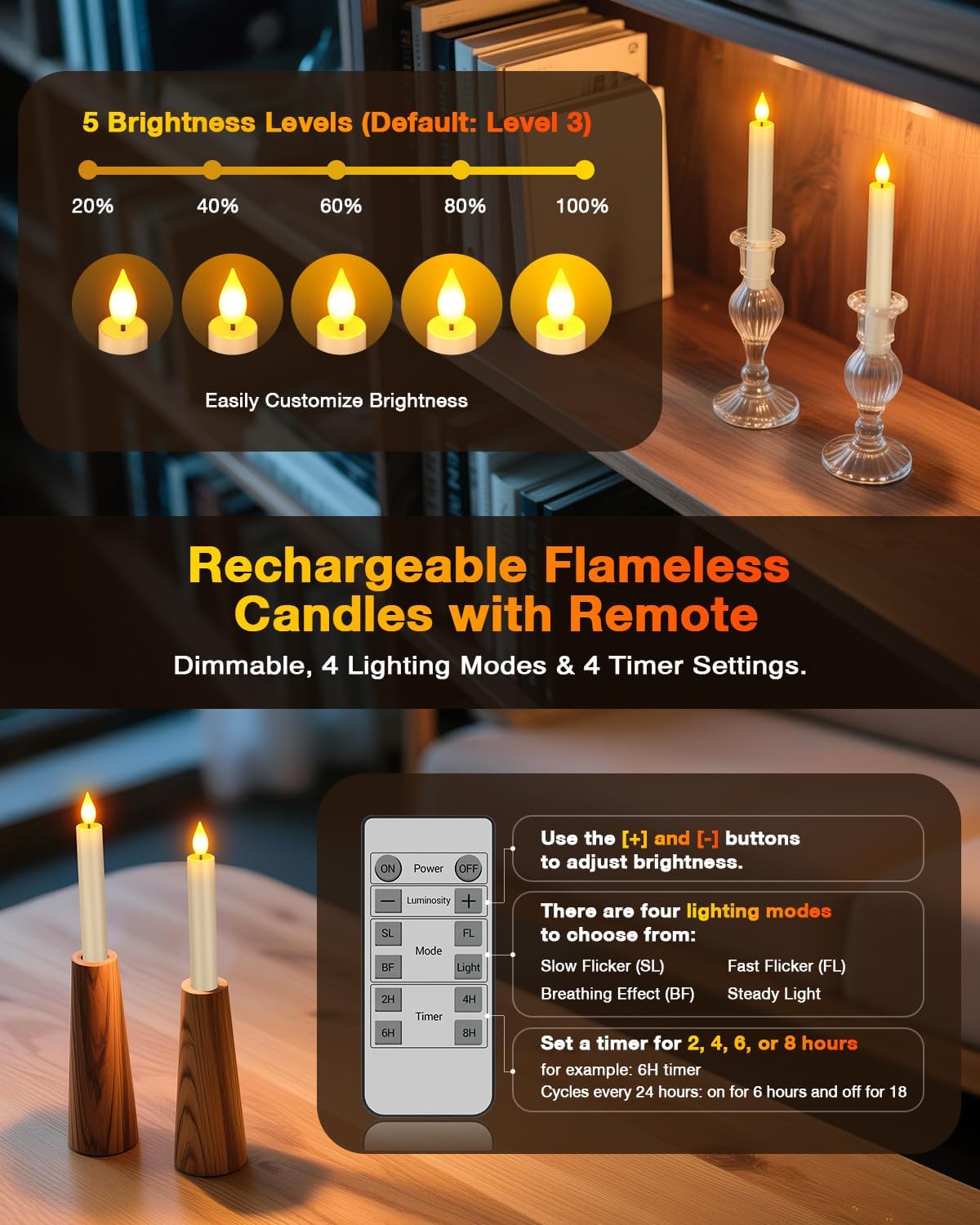 Yme Flameless Rechargeable Taper Candles with Remote & Charging Base, 10pcs 6.7" Battery Operated LED Electric Tapered Candles Flickering with Timer for Windowsill Wedding Christmas Home Decor - Image 3