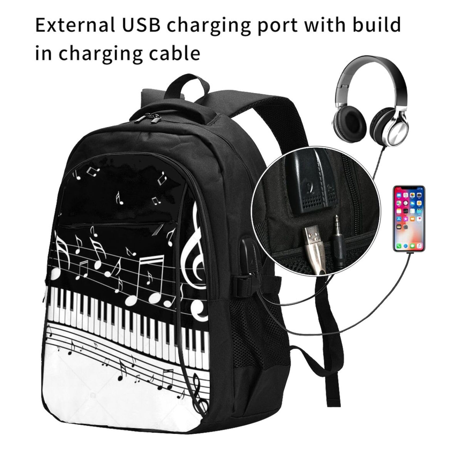 InOmak Fliegende Musiknoten, musikalische Klaviertasten, Reiserucksack, Freizeitrucksack, Schulrucksack, Laptop-Rucksack für Damen und Herren