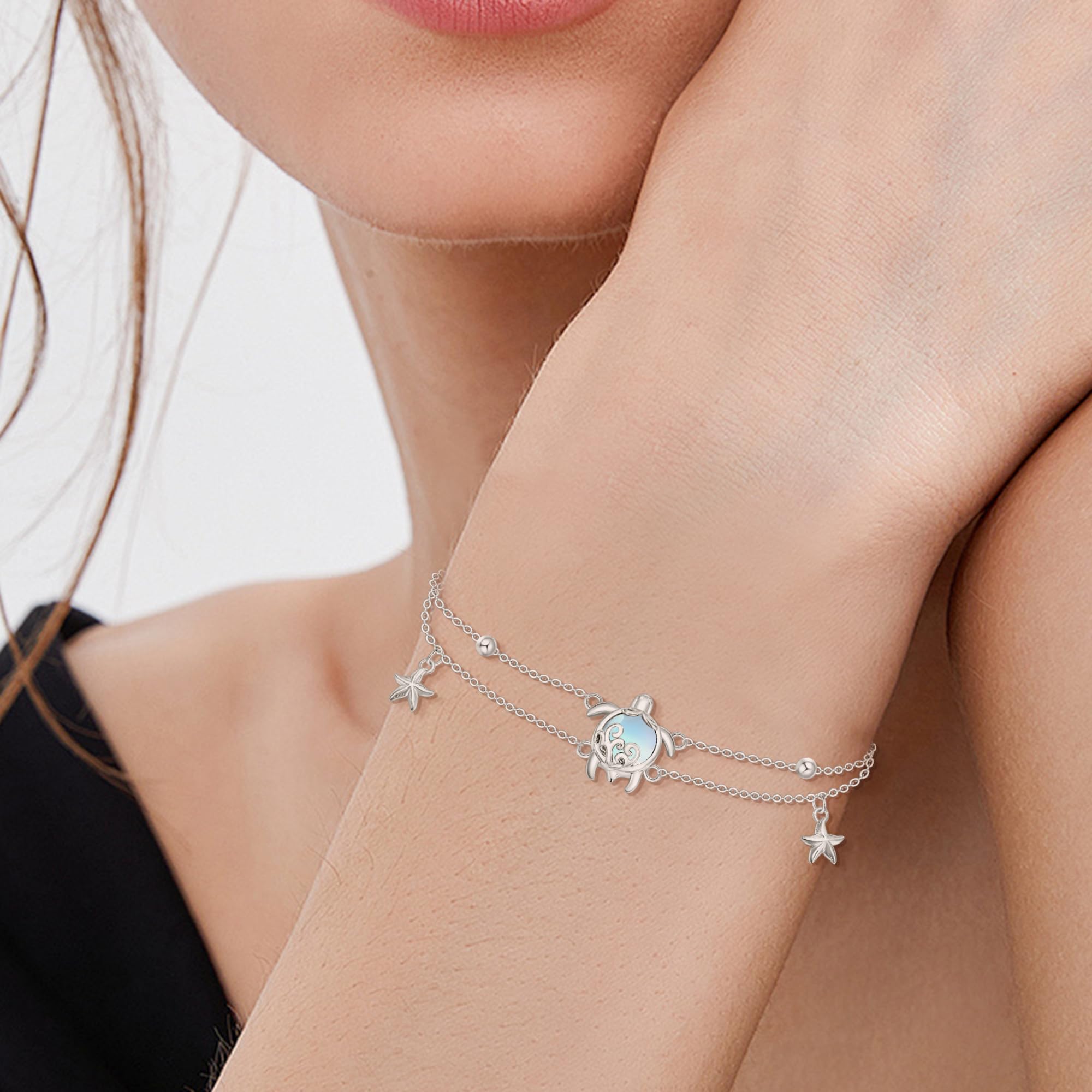 Pulsera de tortuga de plata de ley 925, pulsera de tortuga marina, piedra lunar, joyería para mujer, regalos oceánicos
