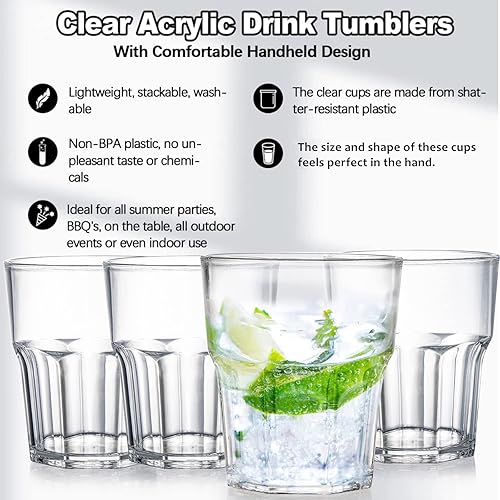 Miniatura 3 de Tebery Paquete de 16 vasos clásicos de plástico transparente reutilizables, vasos de jugo de agua potable de 8 onzas, apilables, sin BPA