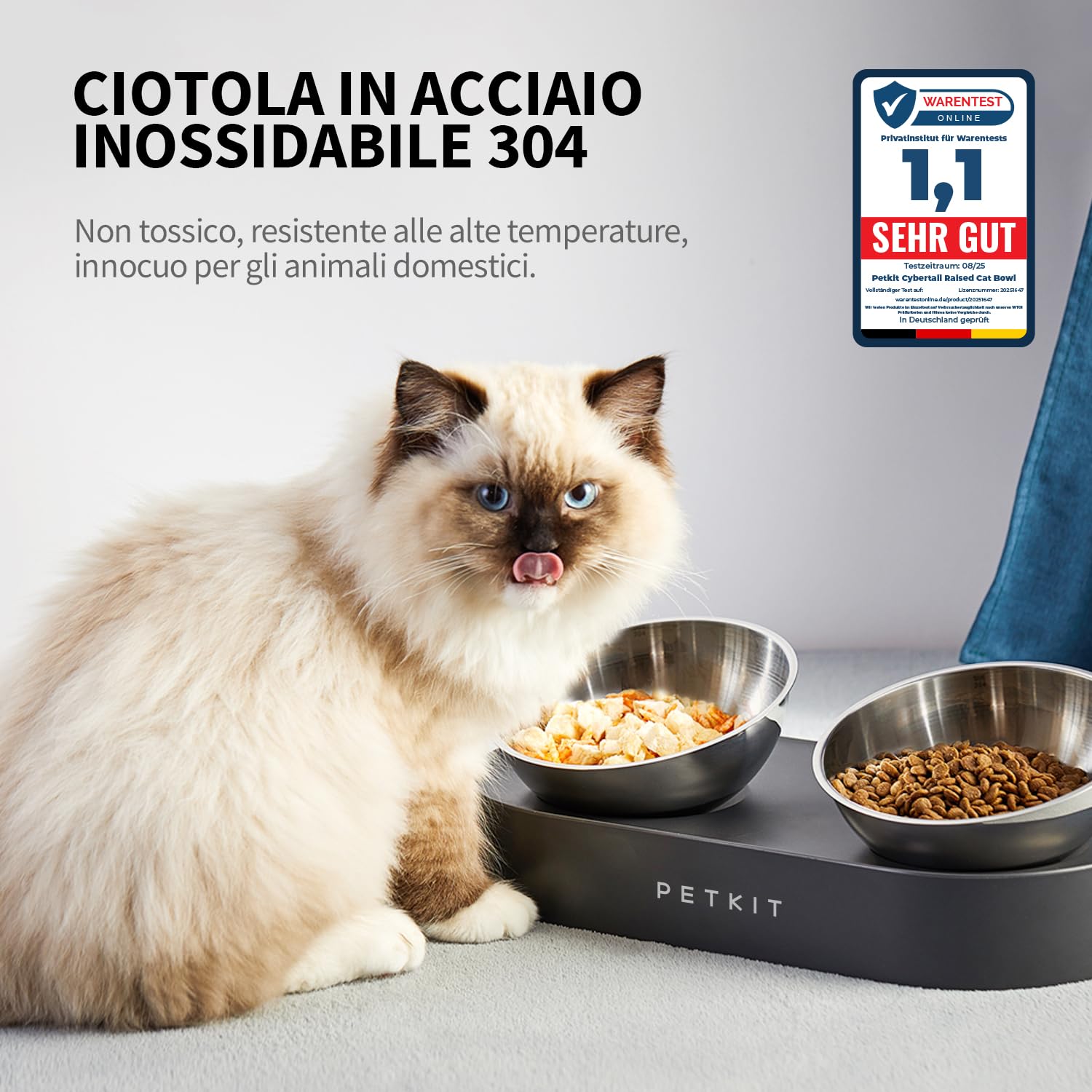 PETKIT Cybertail Ciotole per Gatti, Ciotola Rialzata,In Acciaio Inossidabile,Inclinata,Antiscivolo,Anti Fuoriuscita,per Gatti e Cani di Piccola Taglia