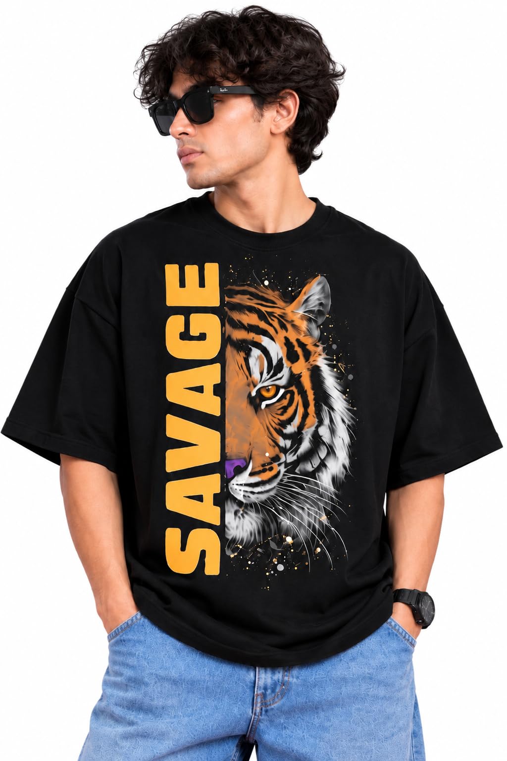 Men's Black Oversized Savage Tiger Graphic Printed T-Shirt | Streetwear Casual Tee
