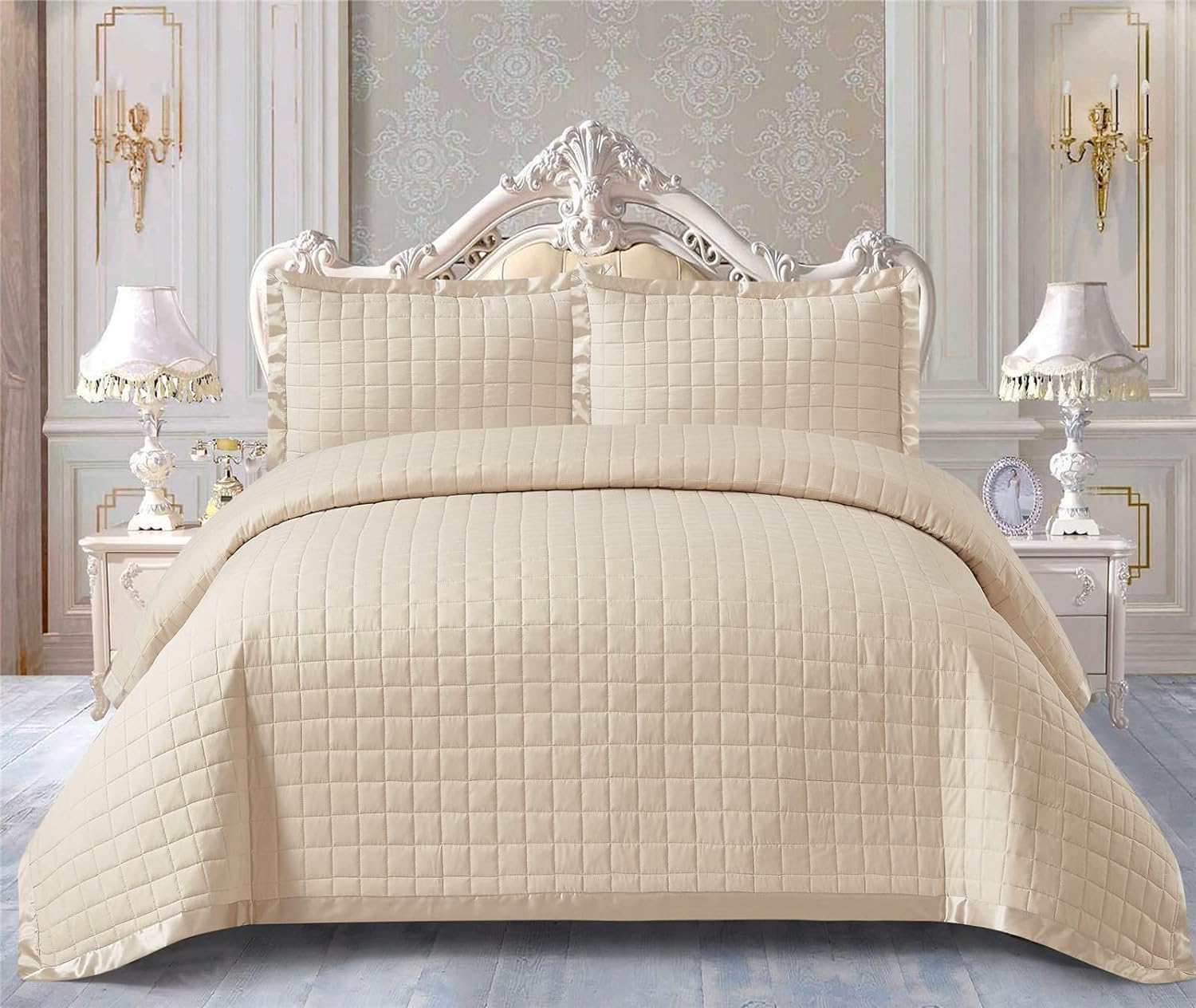 PRIME LINENS Quilted Bedspread Throw + Matching Pillow Shams for Bedroom Décor Coverlets Embossed Quilt Bedding Set Bed Throw Embroidered (Beige, Single(185 x 240 Cm))