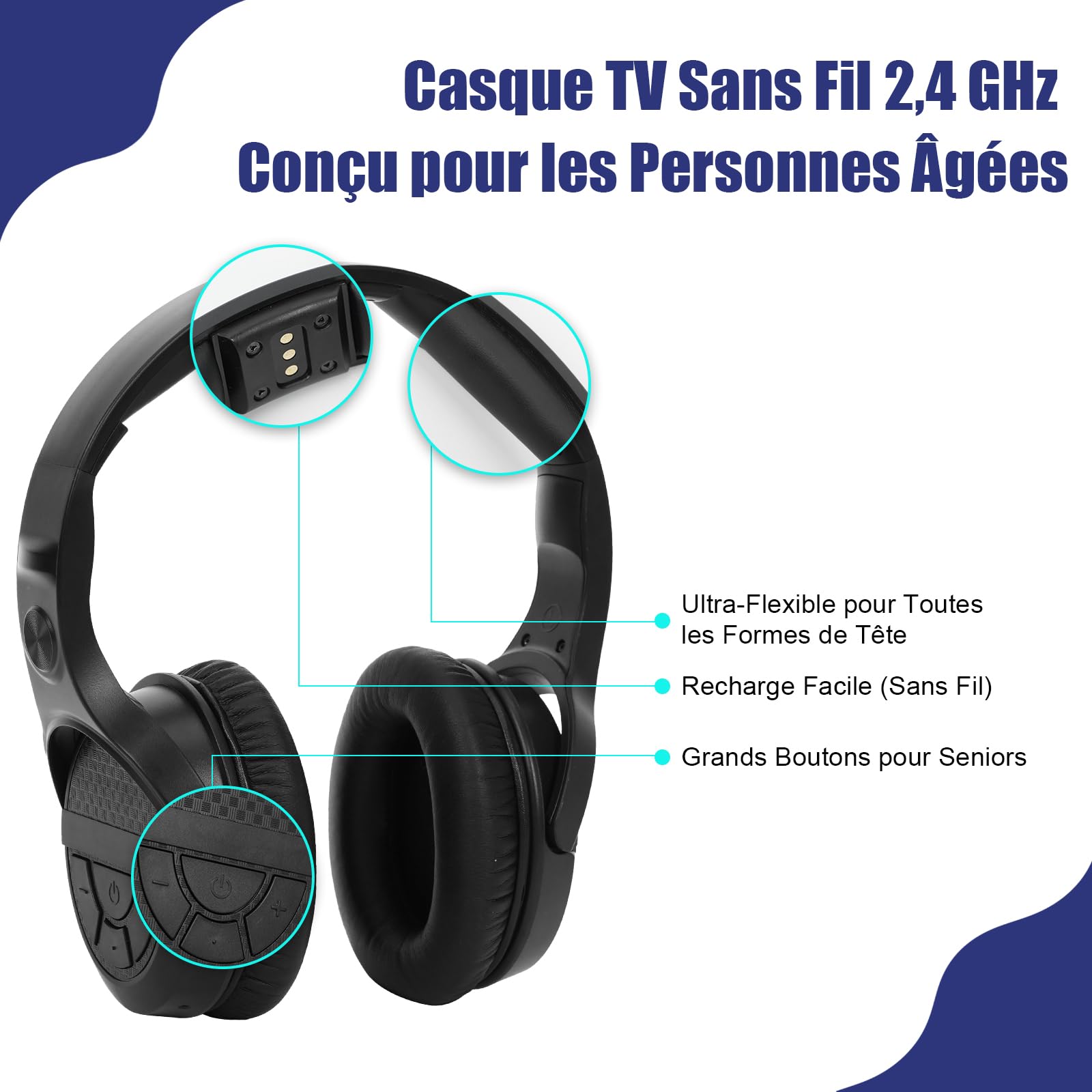 Casque TV Sans Fil pour Seniors avec Grands Boutons, Station Émetteur RF 2.4GHz, Compatible Sorties Optique/RCA/AUX, Casque Bluetooth Supra-Auriculaire avec 3 Modes EQ, Portée 30m Sans Délai Audio