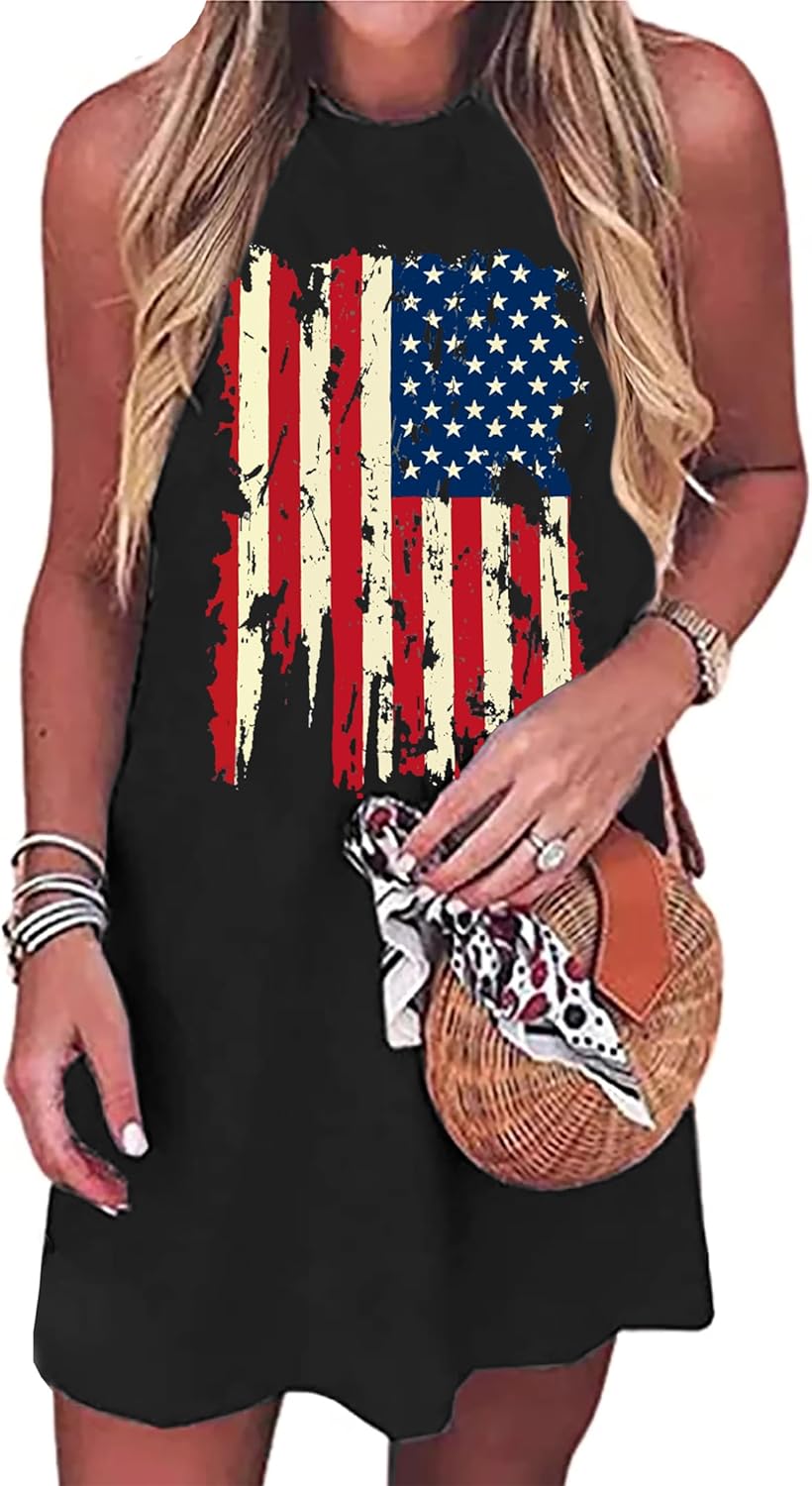 American Flag Tank Dress For Women - USA Patriotic July 4th Sundress With Keyhole Neckline