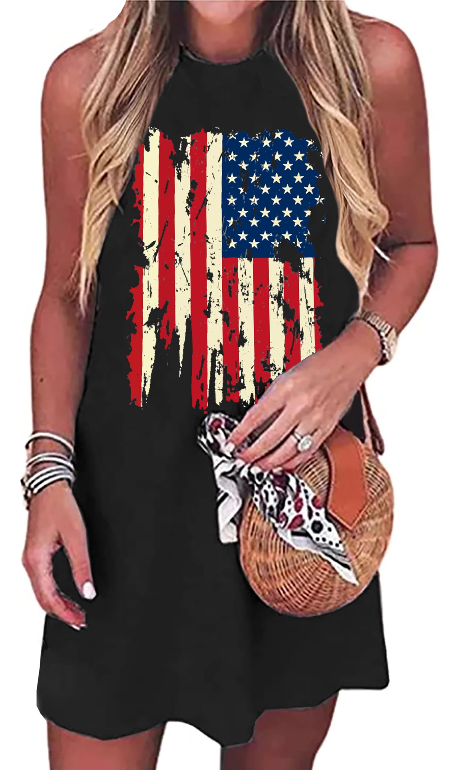 VVNTY American Flag Tank Dress Women: 4th of July Shirts Sleeveless Patriotic USA Flag Tees Casual Summer Tanks Sundress