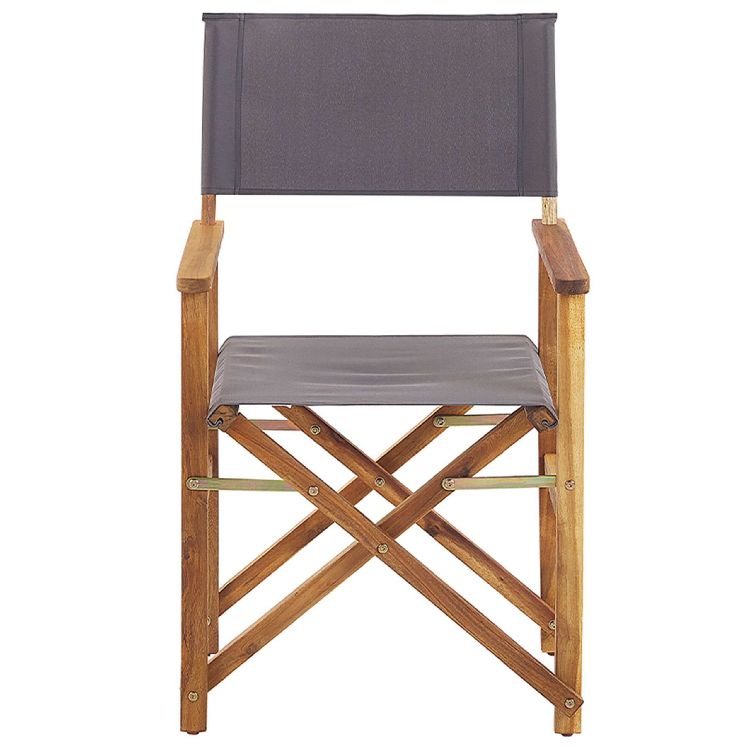 Zwei stylische Regiestühle aus hellem Akazienholz mit grauen Auflagen Cine