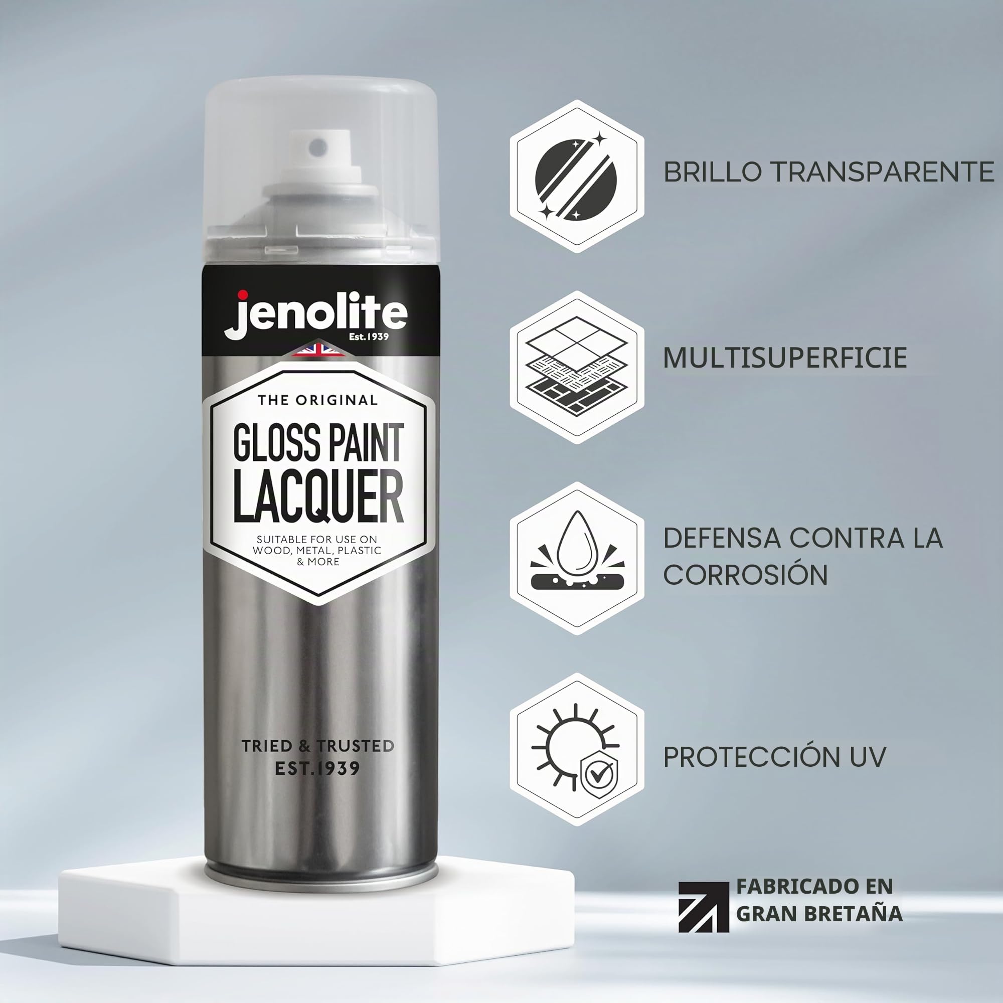 JENOLITE Spray de Laca Transparente | BRILLO | 500ml | Acabado Claro | Barniz Transparente | Protege la superficie y la pintura de la corrosión y el daño UV | Sellador que no amarillea