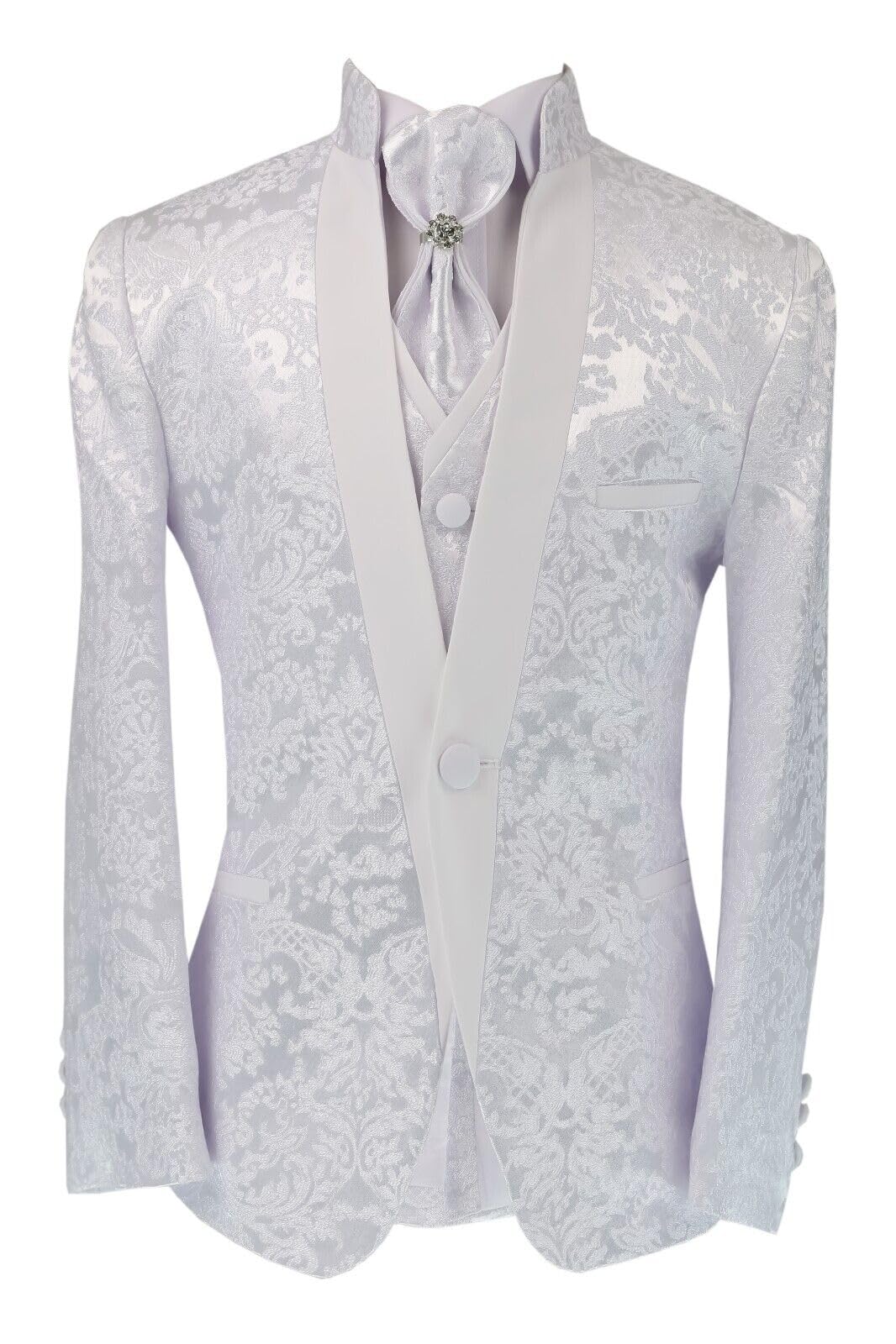 Traje de Esmoquin de 6 Piezas con diseño de Cachemira Floral Blanco para niño, para Bautizo, comunión y Todas Las Ocasiones Especiales