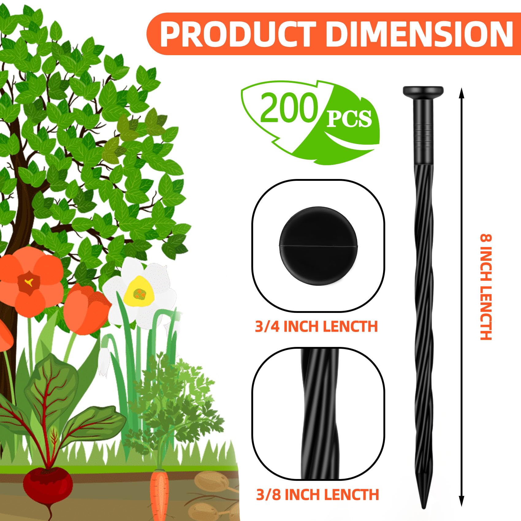 200 estacas de anclaje de plástico para bordes de paisaje, 8 pulgadas, para jardín, césped, patio, paisajismo, bordes de adoquines, barrera de malezas, tienda de campaña, césped artificial y
