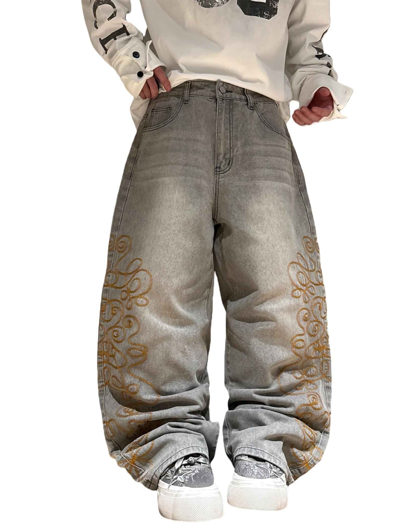 QGRSWBC Baggy Jeans for Men Wide Leg Hip Hop Skater Denim Pants