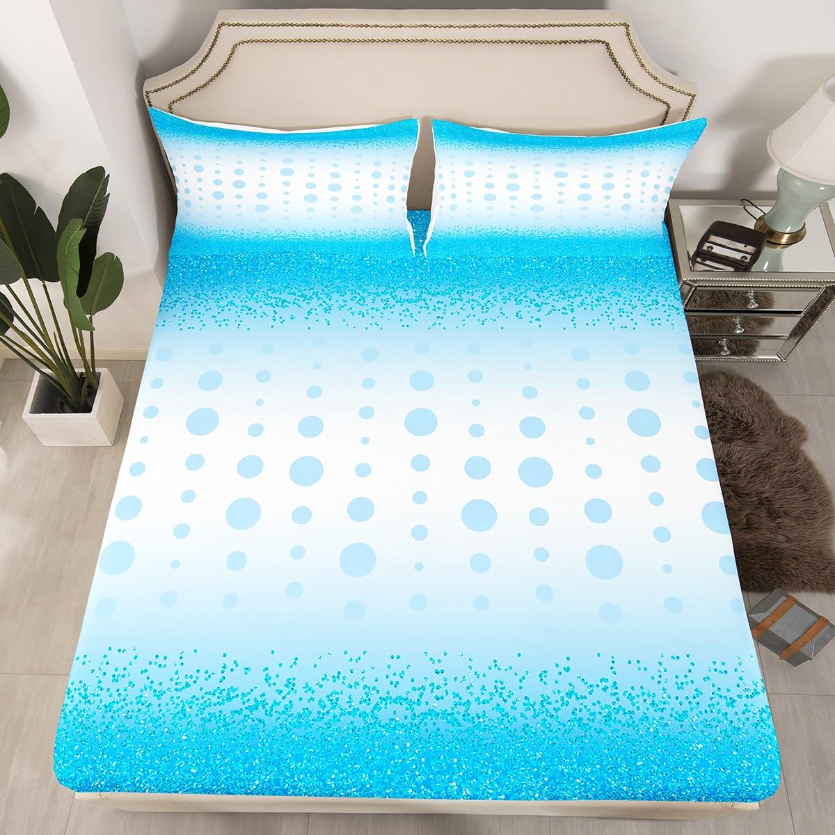 Manfei Blue Glitter Kids Fitted Sheet King Size, Light Blue Dots Print Bedding Set for Boys Girls Adults Bedroom Decor, Modern Abstract Bed Cover with 2 Pillowcases, Soft Polyester Bedding