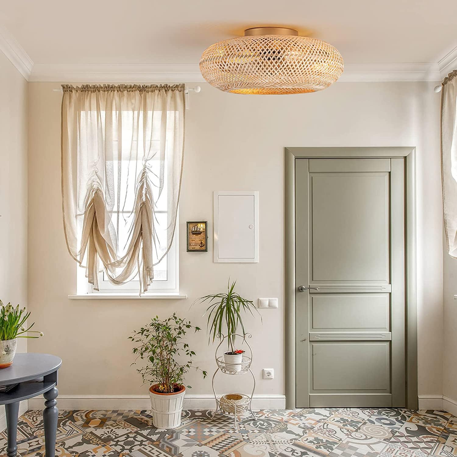 Ventilateur de Plafond Rétro E27 avec Lumière et Télécommande Silencieux Tissage Bambou Rotin Naturel pour Salon Chambre