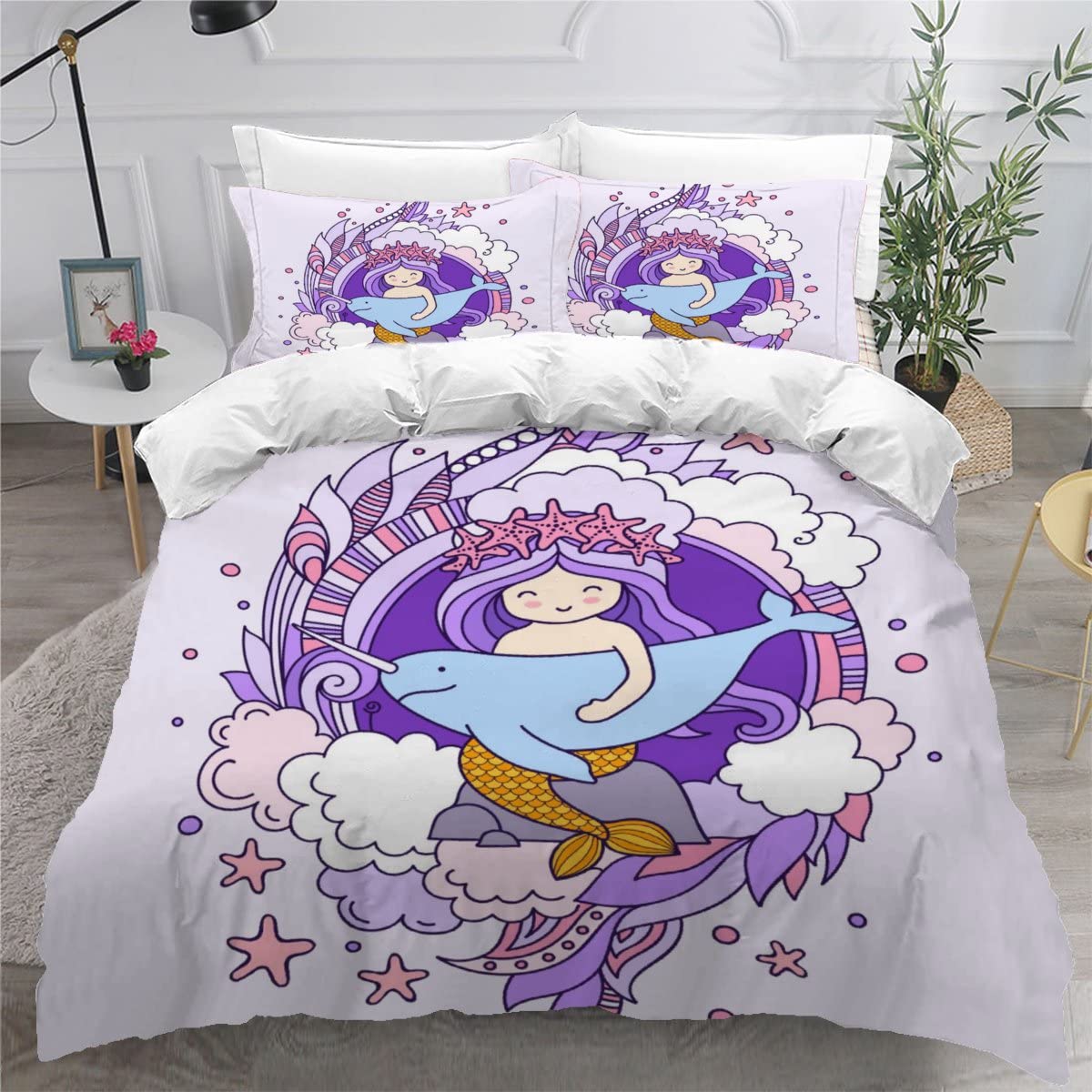 Parure de lit 2 personnes 240x260 ultra doux microfibre violette motif sirène 3D