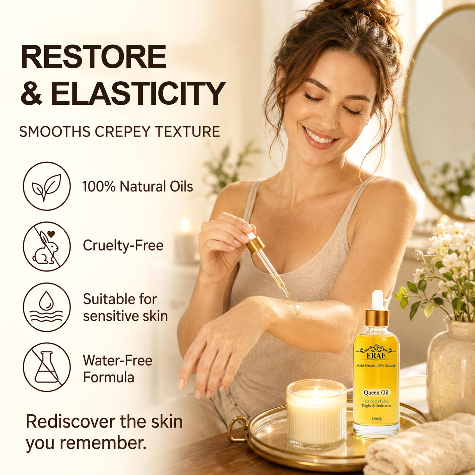 ERAE Queen Body Oil – Miscela botanica pressata a freddo per idratare e rassodare la pelle, olio idratante per il corpo leggero ad assorbimento rapido per braccia, gambe e stomaco