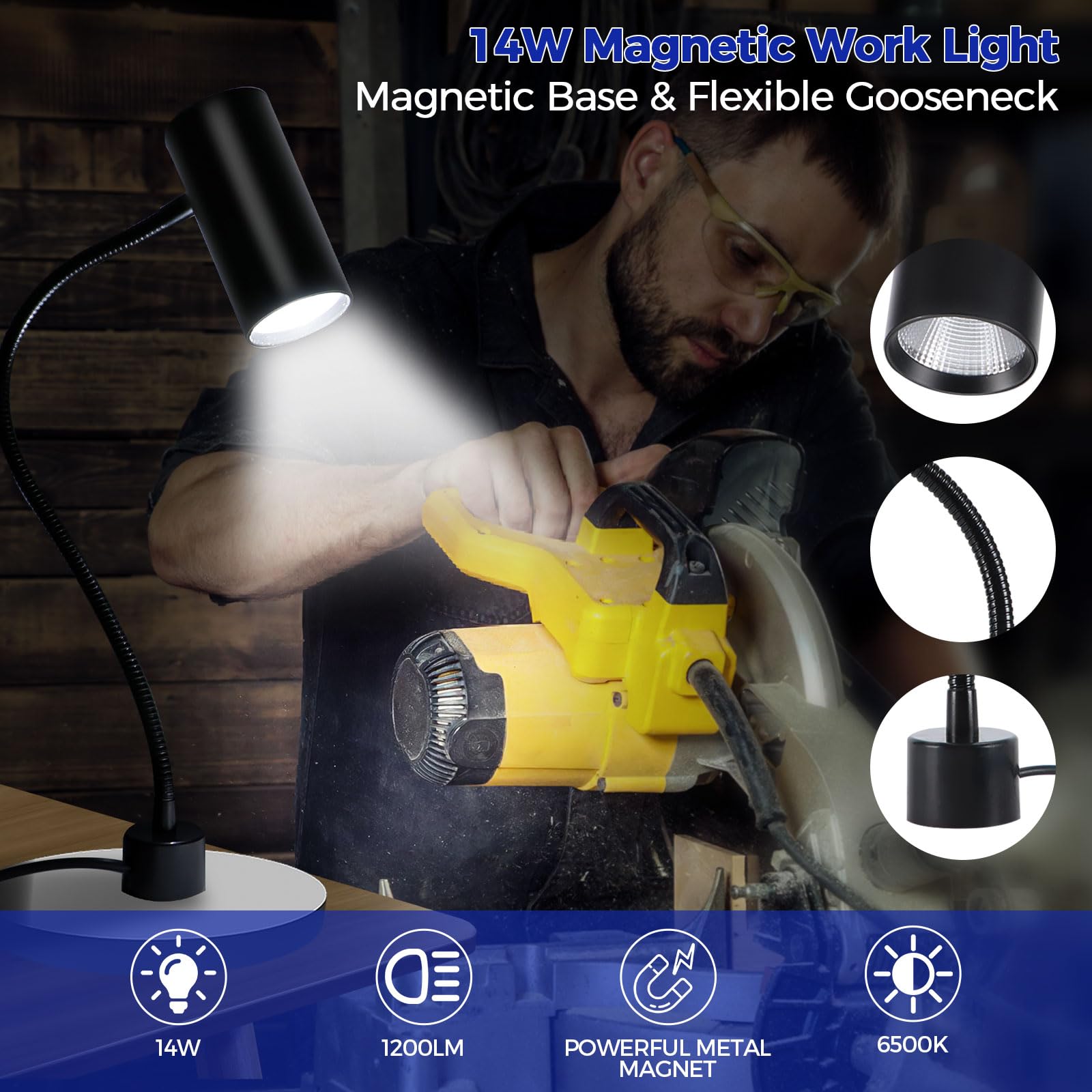 Magnetyczne światło robocze 14 W, magnetyczne światło LED, podstawa magnetyczna LED lampa sklepowa do narzędzi tokarskich do drewna, wiertarki, piły taśmowej, oświetlenia przemysłowego
