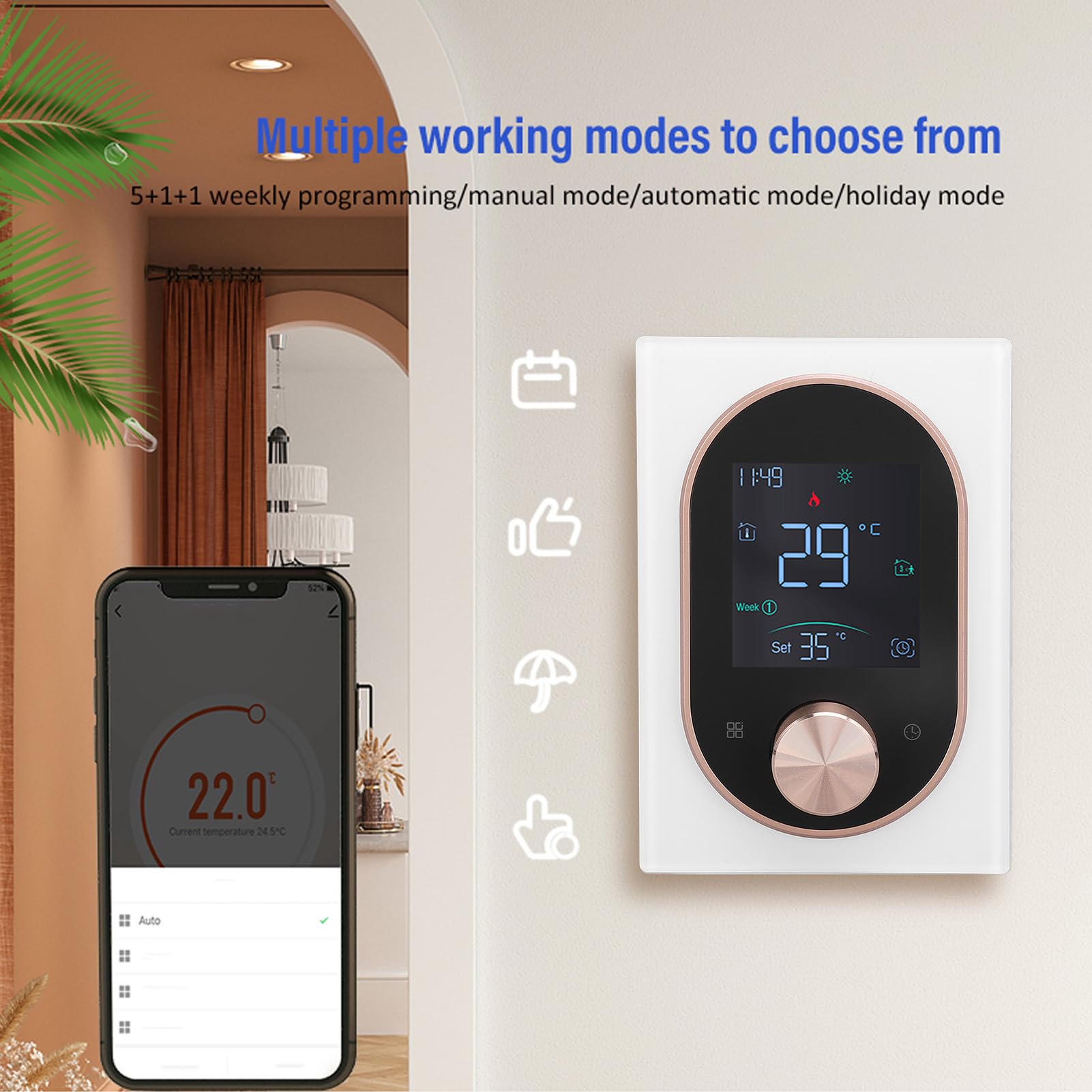 TOPINCN Inteligentny Termostat, Programowalny Termostat z Kolorowym Wyświetlaczem Dotykowym do Domowego Biura Hotelowego, Elektryczny System Ogrzewania Podłogowego (Model wierności bezprzewodowej dla)