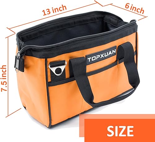 Miniatura 2 de TOPXUAN Bolsa de herramientas de 13 pulgadas naranja y negro boca ancha para carpintería, electricista, herramientas de construcción de