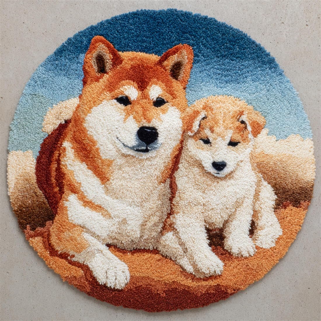 Rqwybcaxn DIY Latch Hook Rug Kit for Beginners Animal Crochet Starter Kit Cartoon Shiba Inu 60x60cm Round Pre-Printed Mesh Fabric Carpet Bedroom Home Decor