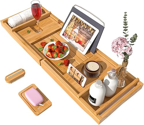Miniatura 9 de Bandeja Organizadora para Bañera para Baño de Lujo - Mesa de Baño de Bambú Impermeable Expandible sobre la Bañera con Portavinos y Portallibros