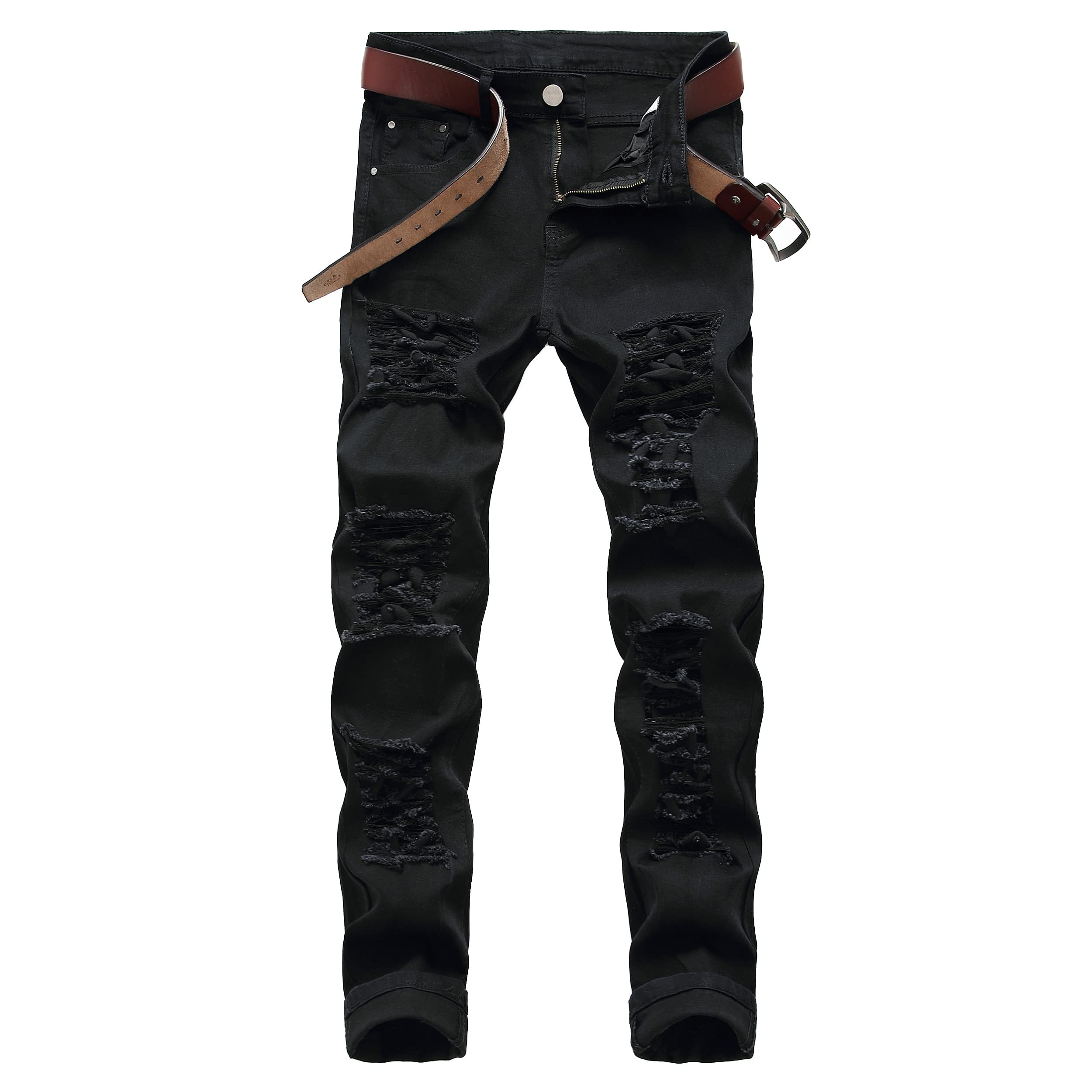 COOSVEN Men Ripped Jeans, Slim Fit Straight Leg, Denim Pants with Holes, Black499 - Stretch, 32