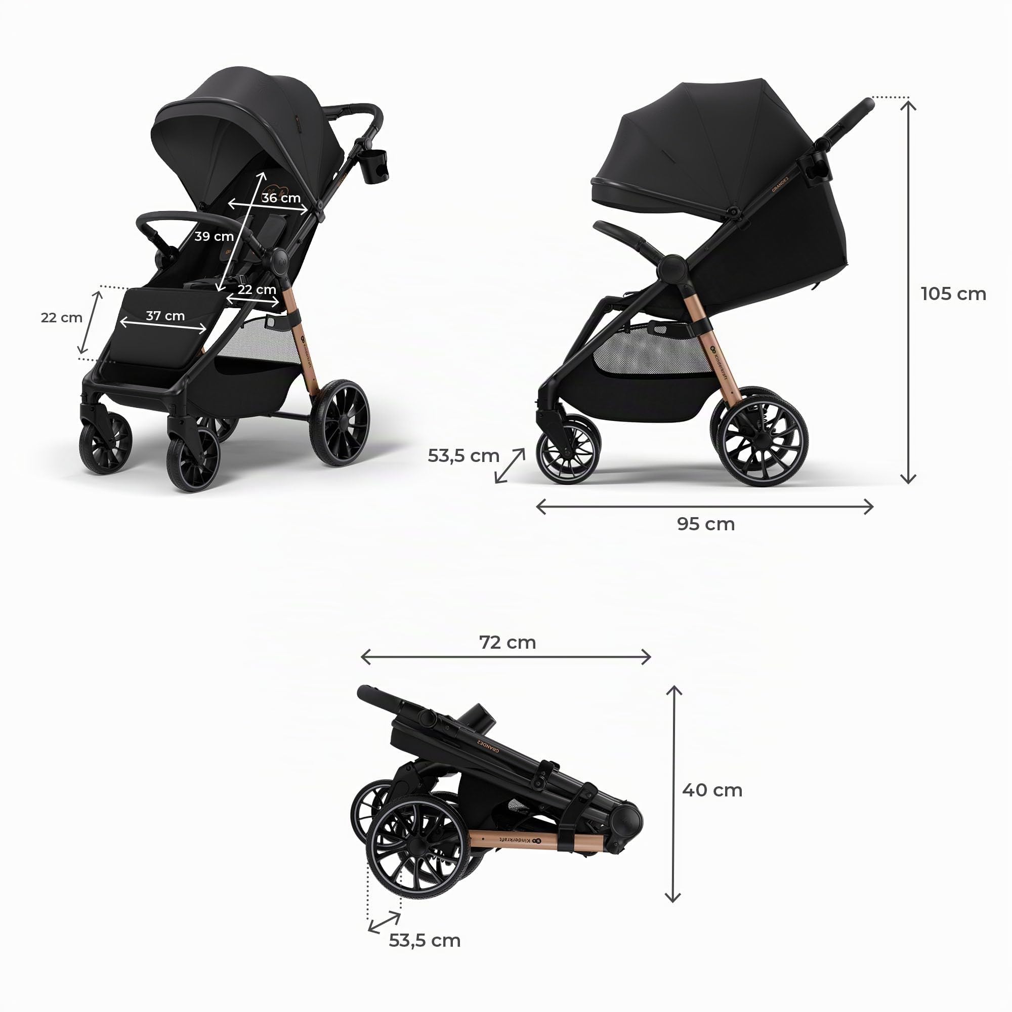 Kinderkraft GRANDE 2 – Cochecito | Ruedas grandes, CLICK&FOLD, Negro