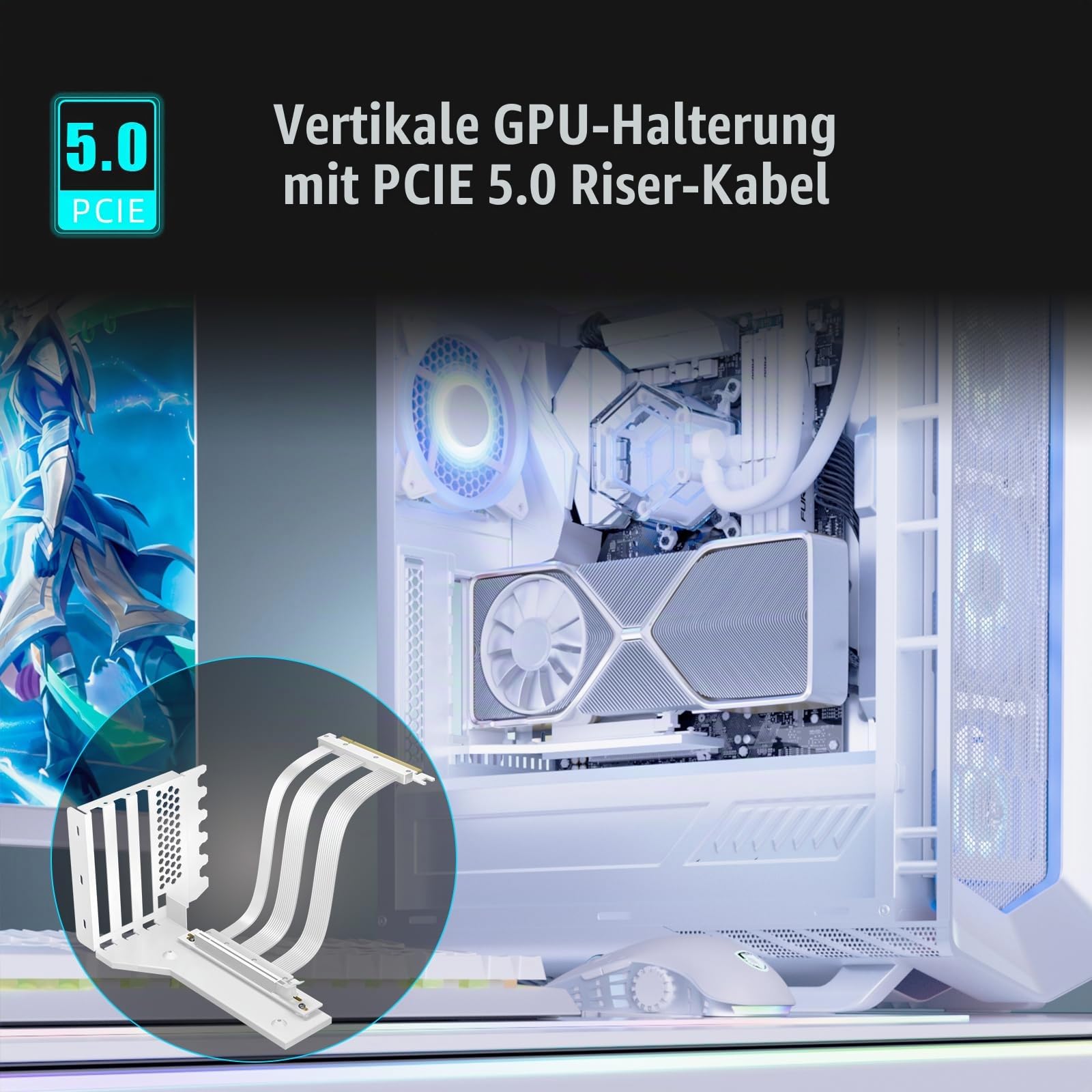 GLOTRENDS 3-Slot GPU Halterung mit 150mm PCIe 5.0 Riser Kabel für GPU Vertikalmontage, Kompatibel mit RTX5090 RTX4090 RX9070 RX7900, PC-Gehäuse mit offenem PCI 7/8-Slot Design