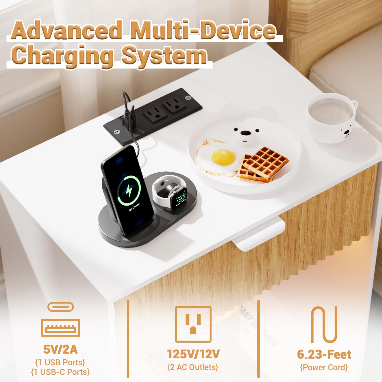 Set di 2 comodini scanalati con stazione di ricarica e luci LED integrate, comodini con cassetto a onde e ripiano aperto, sicuro per bambini, camera da letto