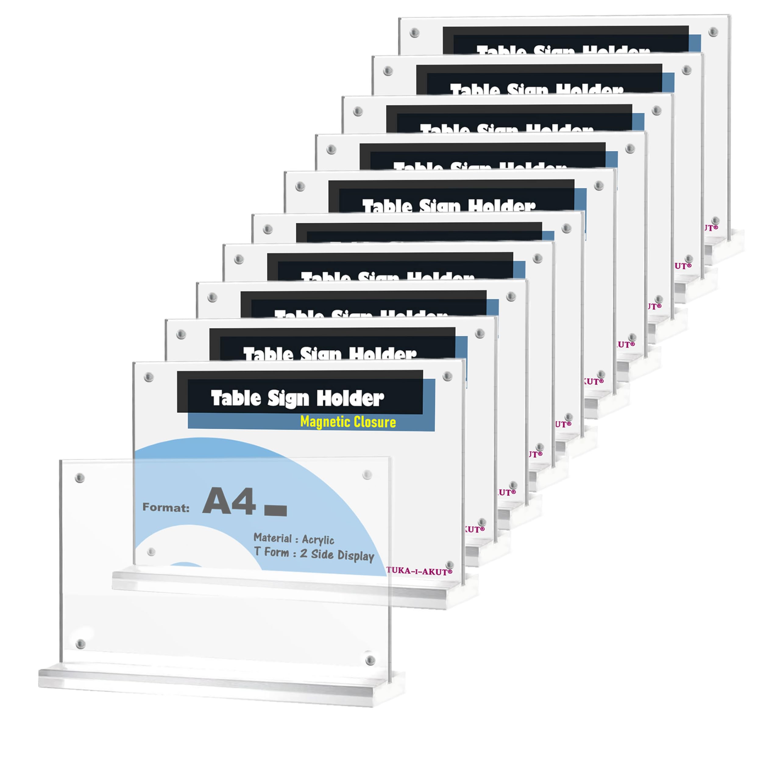 TUKA-i-AKUT 10X A4 Paysage Acrylique Porte Menu, Fermeture Magnétique, Présentoirs de Table Double Face Support Publicitaire d'affichage pour Affiches Menus Exposition Foires, TKD8241-A4-W-10x