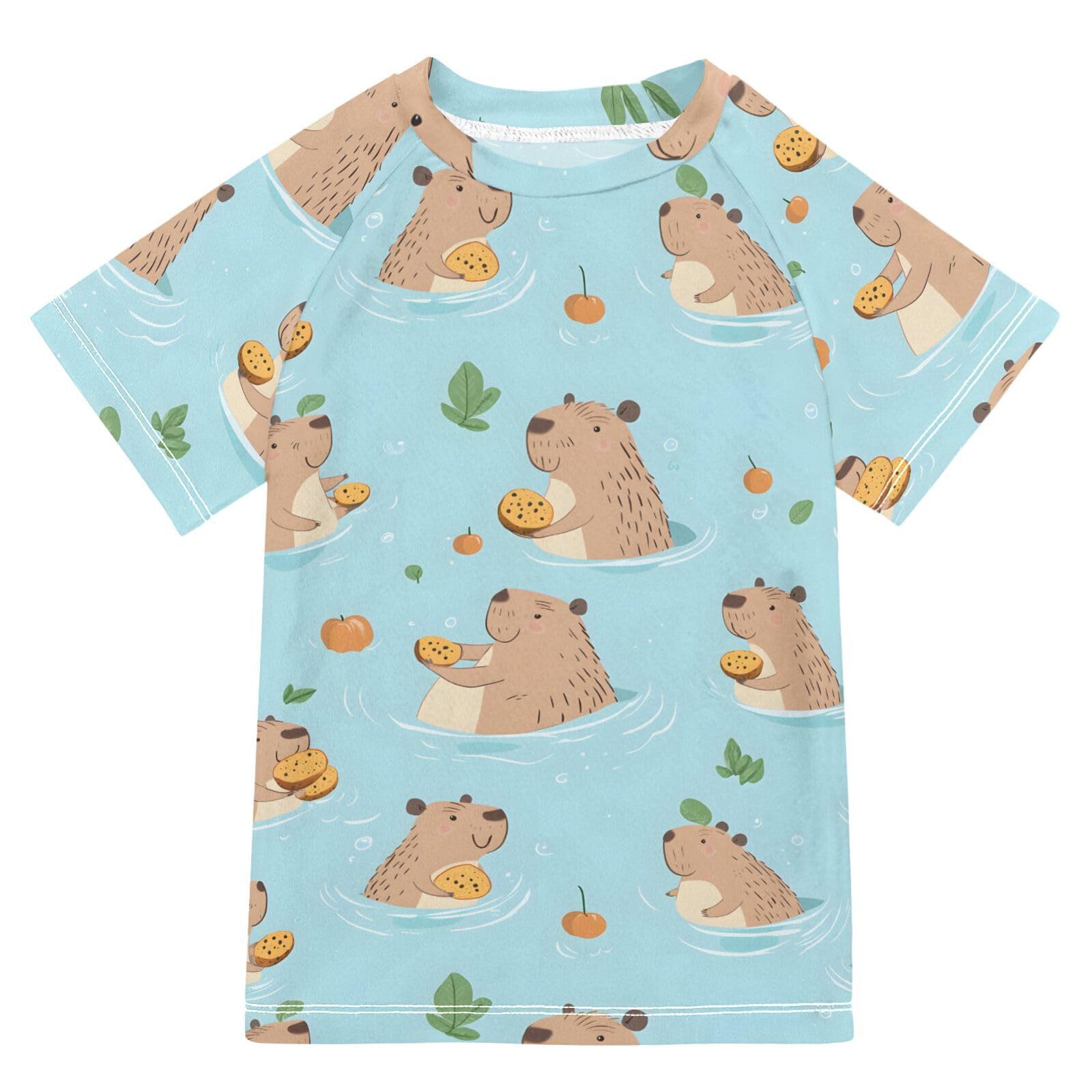 ALAZA Kids Rash Guard Toddler Swim Shirt Boy Girls Capybaras Swim UPF 50+ Short Sleeve 4T