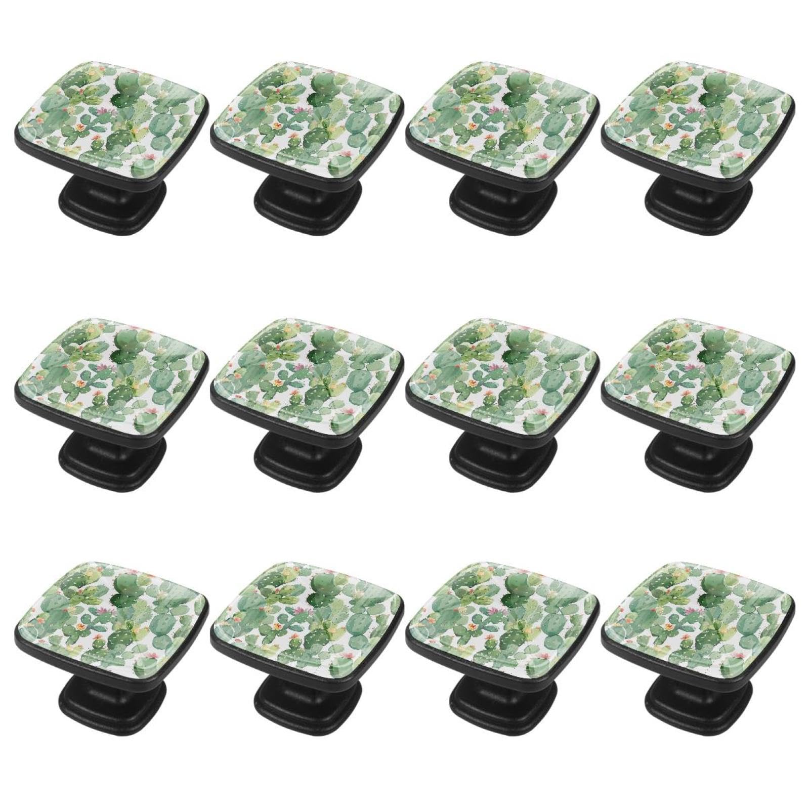 IROLSKDNFH 12 Pieces Watercolor Seamless Tropical Green Cactus Glass Knobs for Dresser Drawers, 1.37 x 1.10 in Square Kitchen Cabinet Pulls for Home Office Nursery Kids Room
